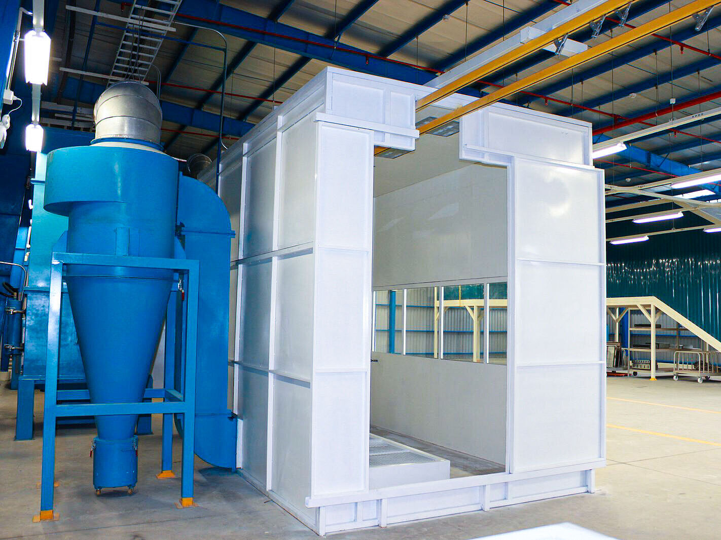 Batch powder coating booth with curing oven